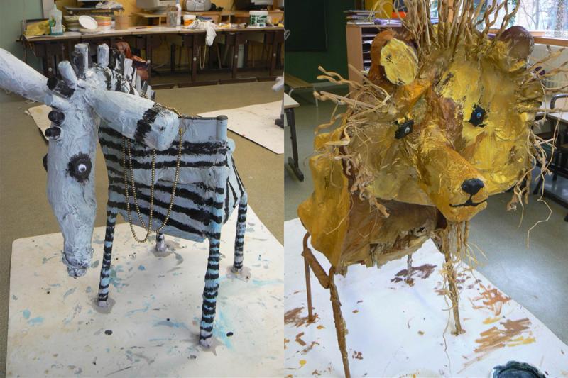 Animaux inventés à partir de mobilier détourné et papier mâché